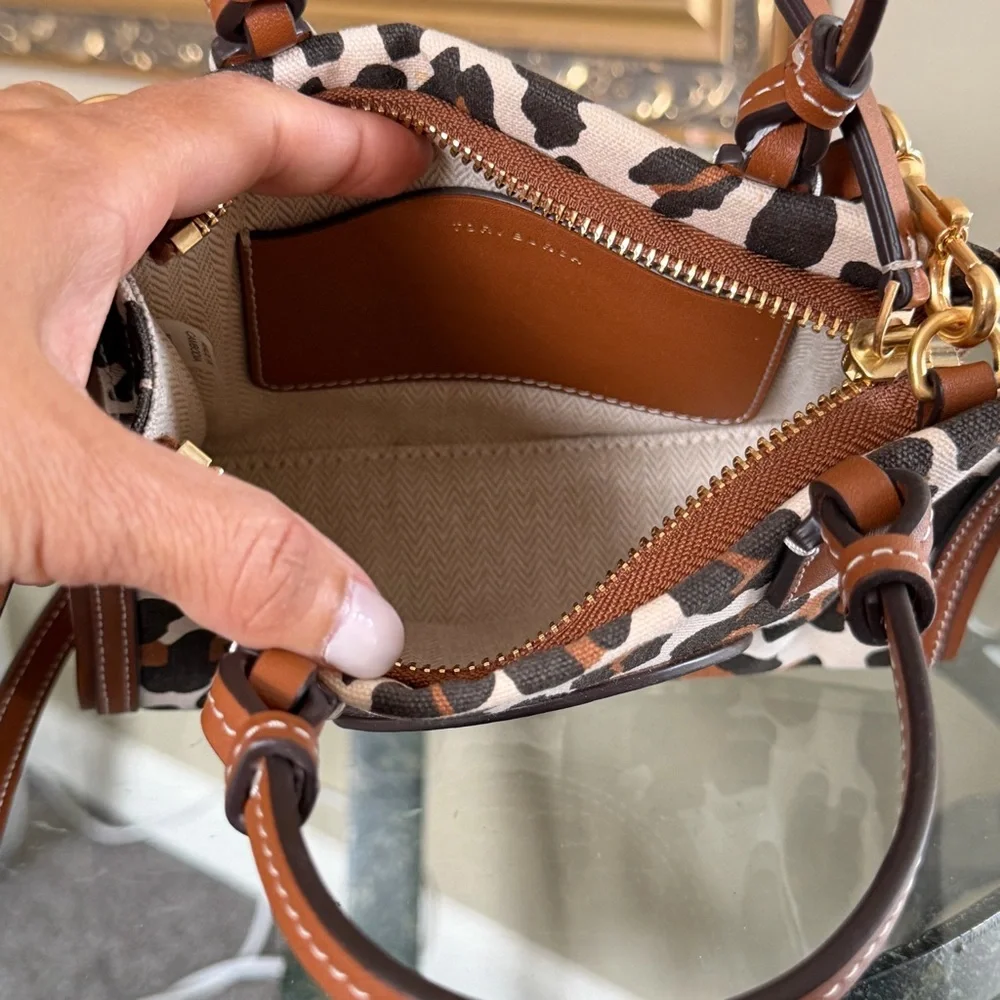Tory Burch Leopard Print Leather-Trim Crossbody in Brown and Cream
